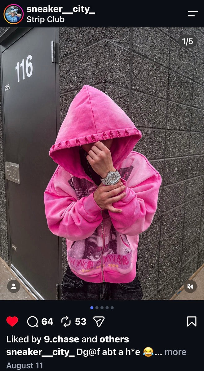 Customer wearing a pink ForeverYoung hoodie