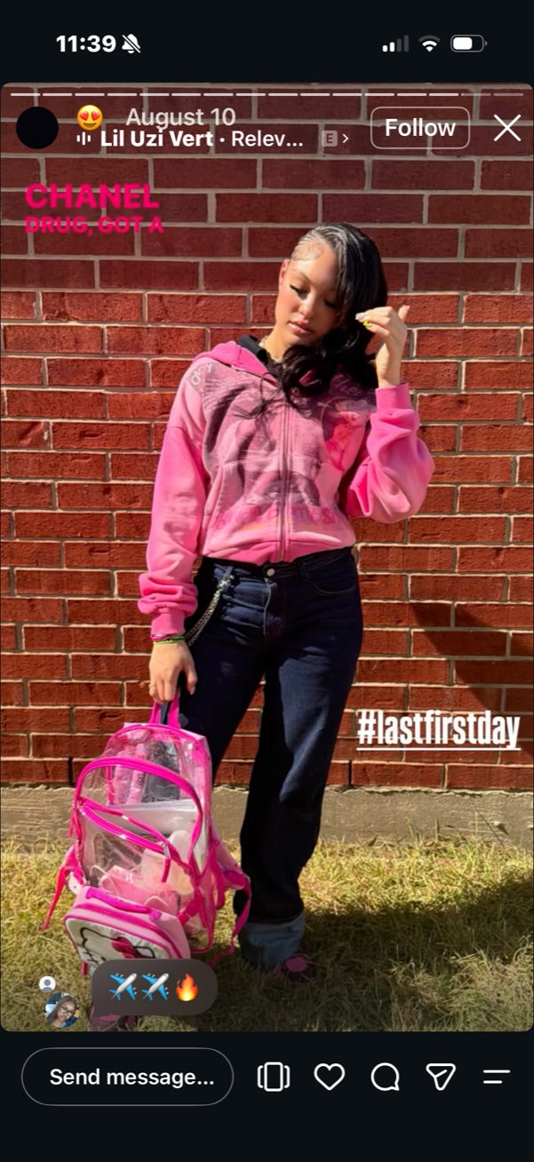 Customer wearing a pink ForeverYoung hoodie