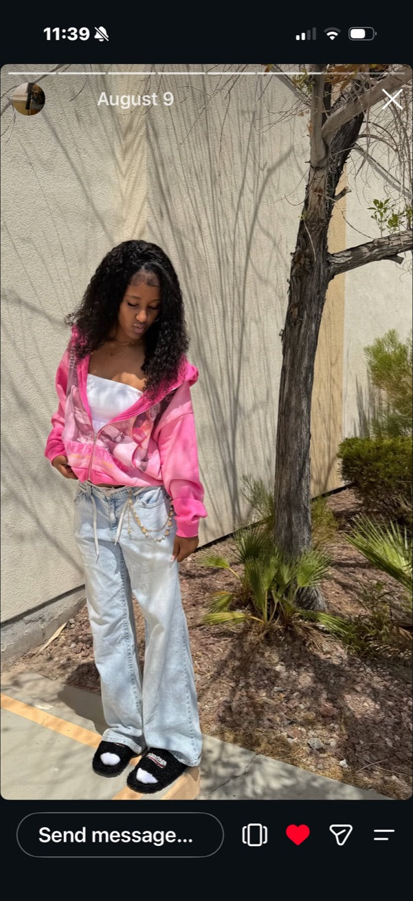 Customer wearing a pink ForeverYoung hoodie