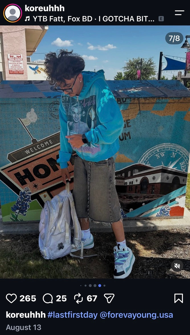 Customer wearing a blue ForeverYoung hoodie